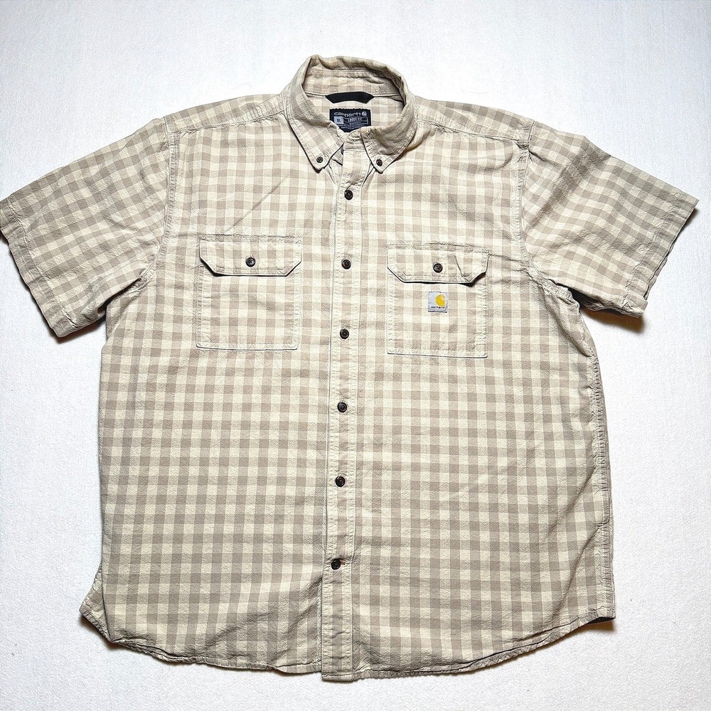 Carhartt Mens XL Loose Fit Short Sleeve Gingham Button Down Shirt Tan TW4625-M